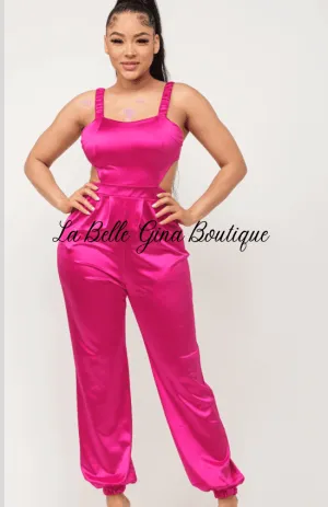 Laura Open Bow Tie Elastic Shirring Detail Jumpsuit-Fuchsia