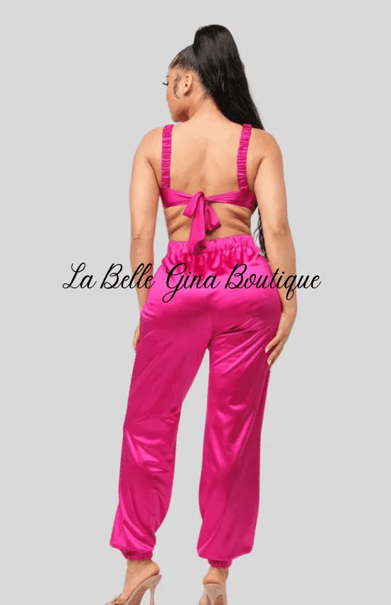 Laura Open Bow Tie Elastic Shirring Detail Jumpsuit-Fuchsia