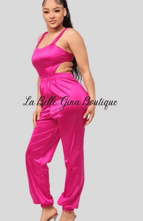 Laura Open Bow Tie Elastic Shirring Detail Jumpsuit-Fuchsia