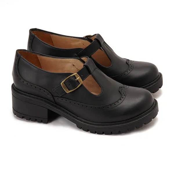 Leather T-Bar Brogue Shoes
