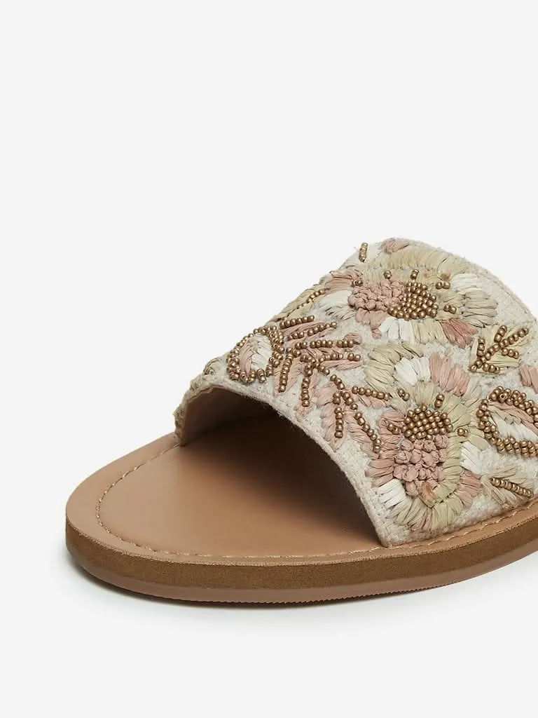 LUNA BLU Beige Raffia Floral Pattern Slides
