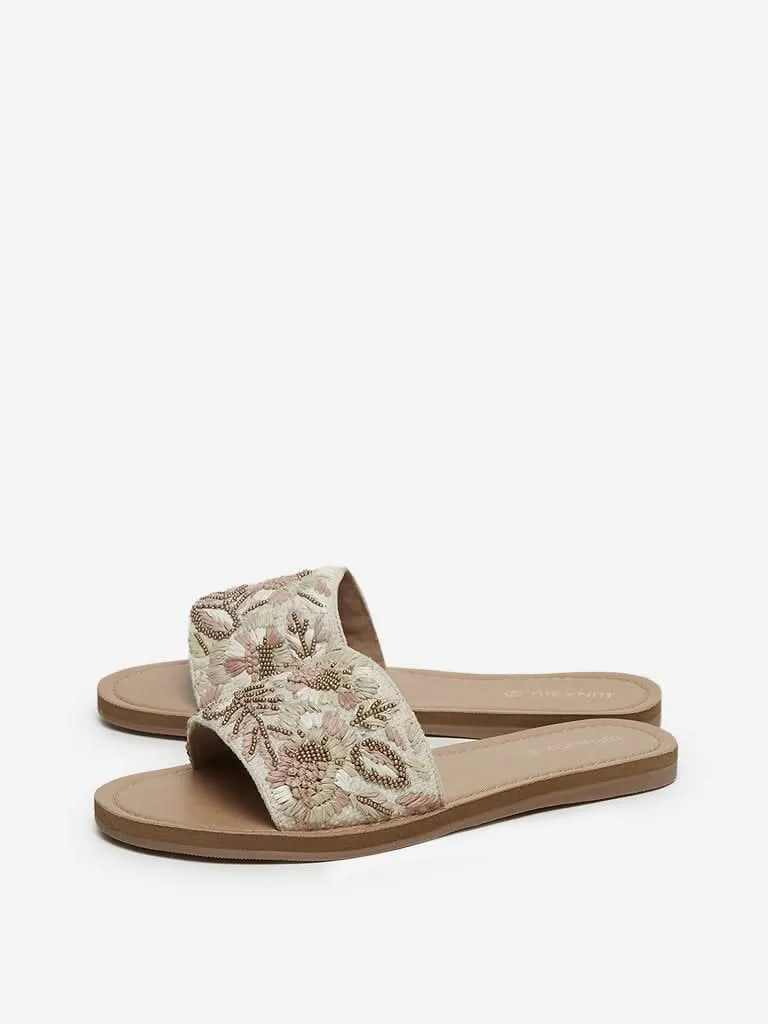 LUNA BLU Beige Raffia Floral Pattern Slides