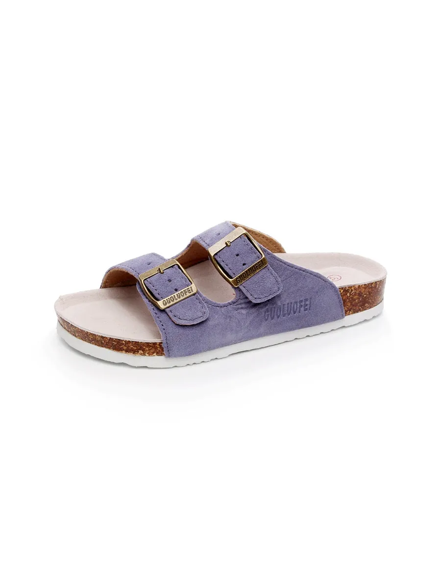 Maibulun | Mauve Double-Buckle Wide-Strap Suede Leather Sandals