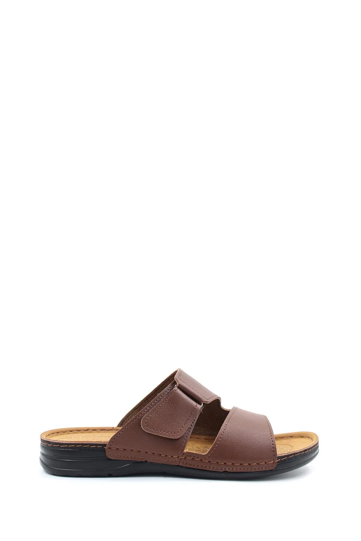 Men's Brown Leather Slide Sandals with Velcro Straps - Wessi
