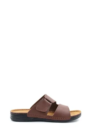 Men's Brown Leather Slide Sandals with Velcro Straps - Wessi