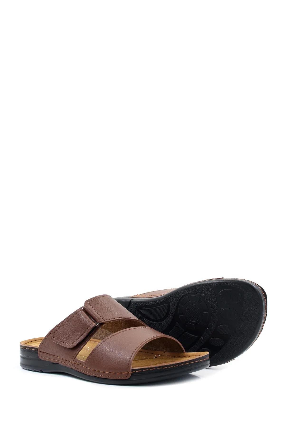 Men's Brown Leather Slide Sandals with Velcro Straps - Wessi