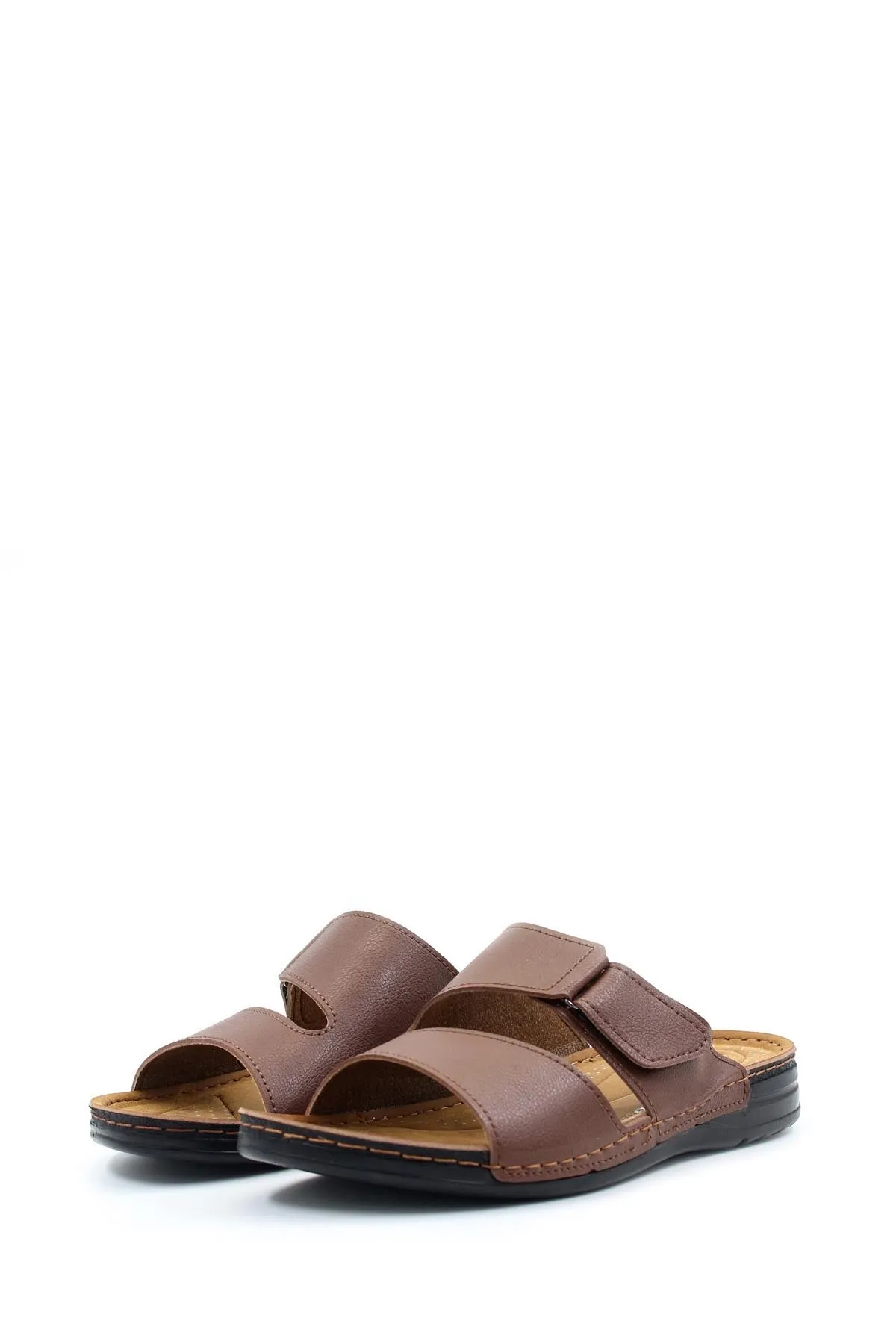 Men's Brown Leather Slide Sandals with Velcro Straps - Wessi