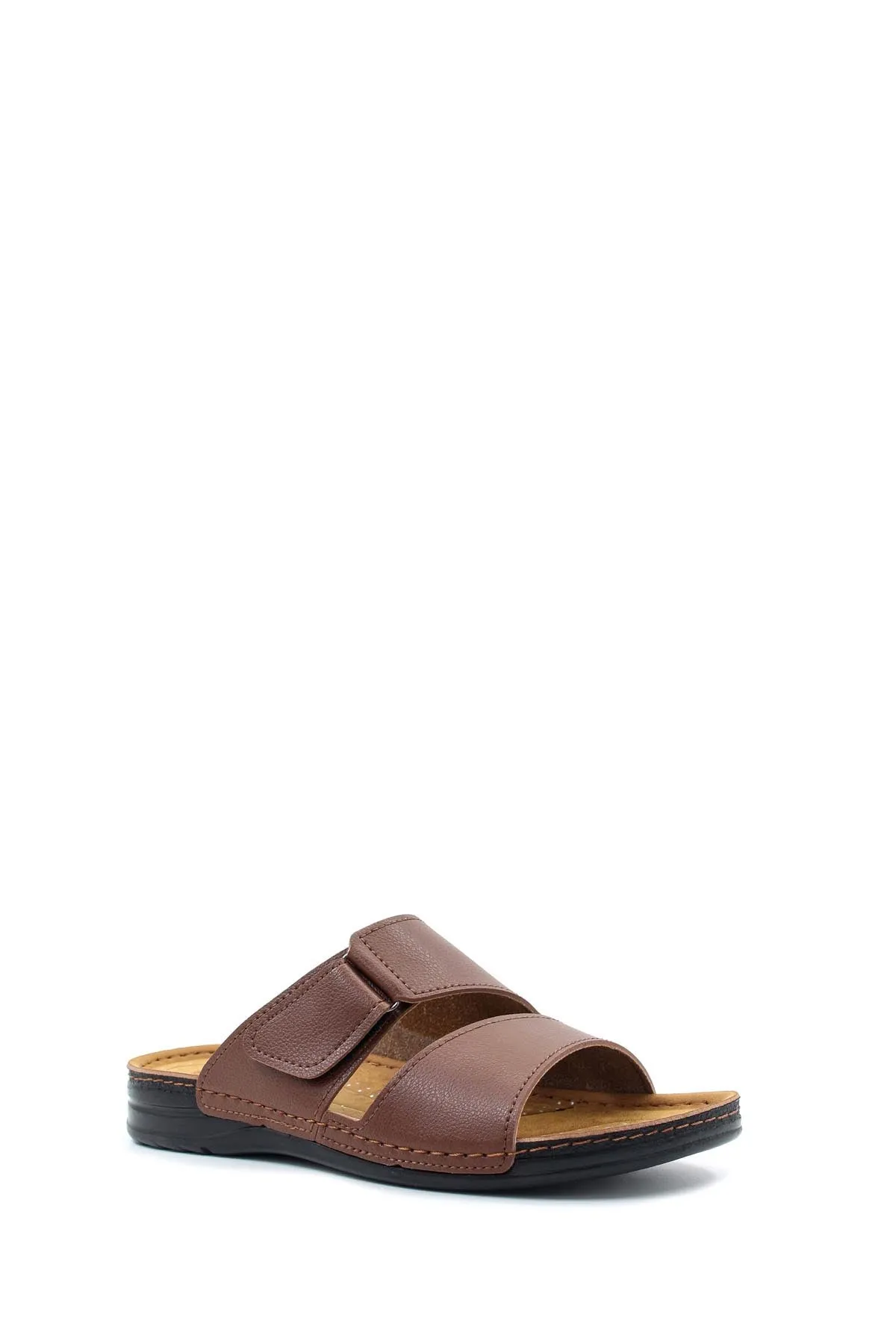 Men's Brown Leather Slide Sandals with Velcro Straps - Wessi