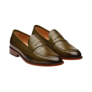Olive Croco Penny Loafers
