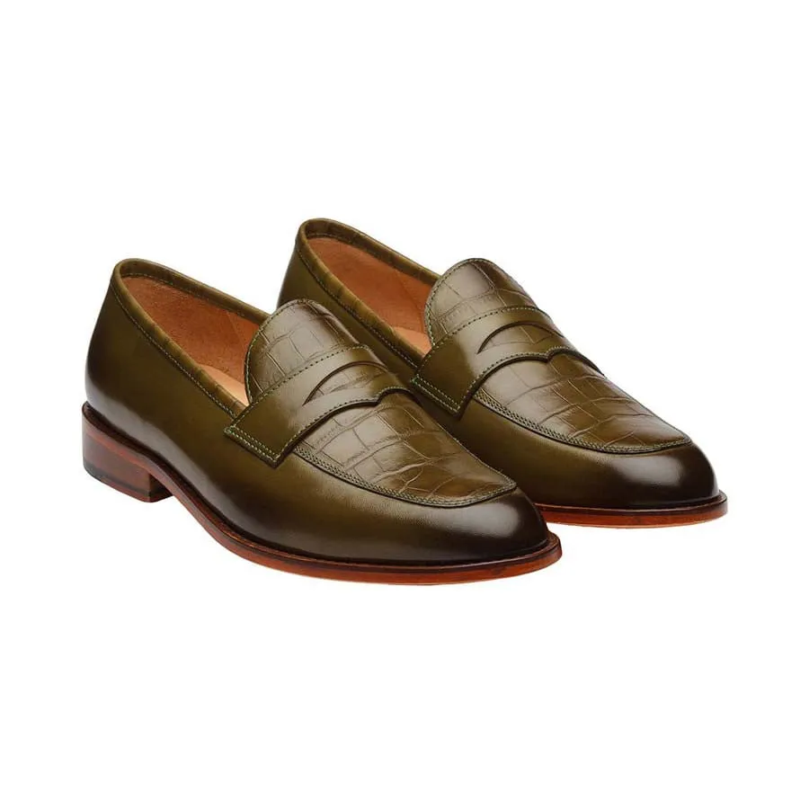 Olive Croco Penny Loafers
