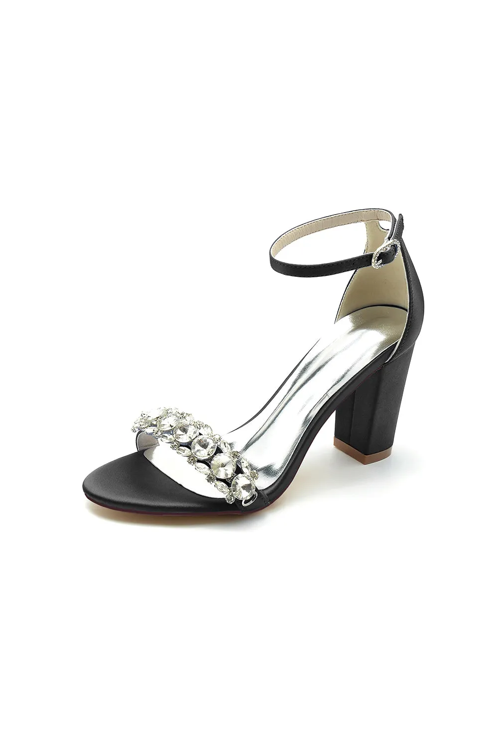 Open Toe Chunky Heels with Rhinestone
