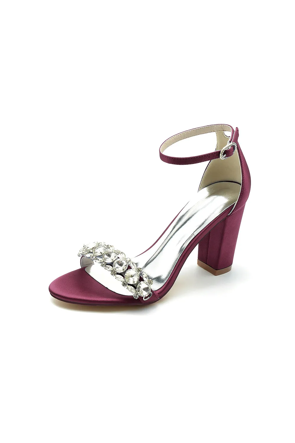Open Toe Chunky Heels with Rhinestone