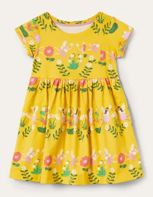 Short Sleeve Fun Jersey Dress-Sweetcorn Yellow Fairies