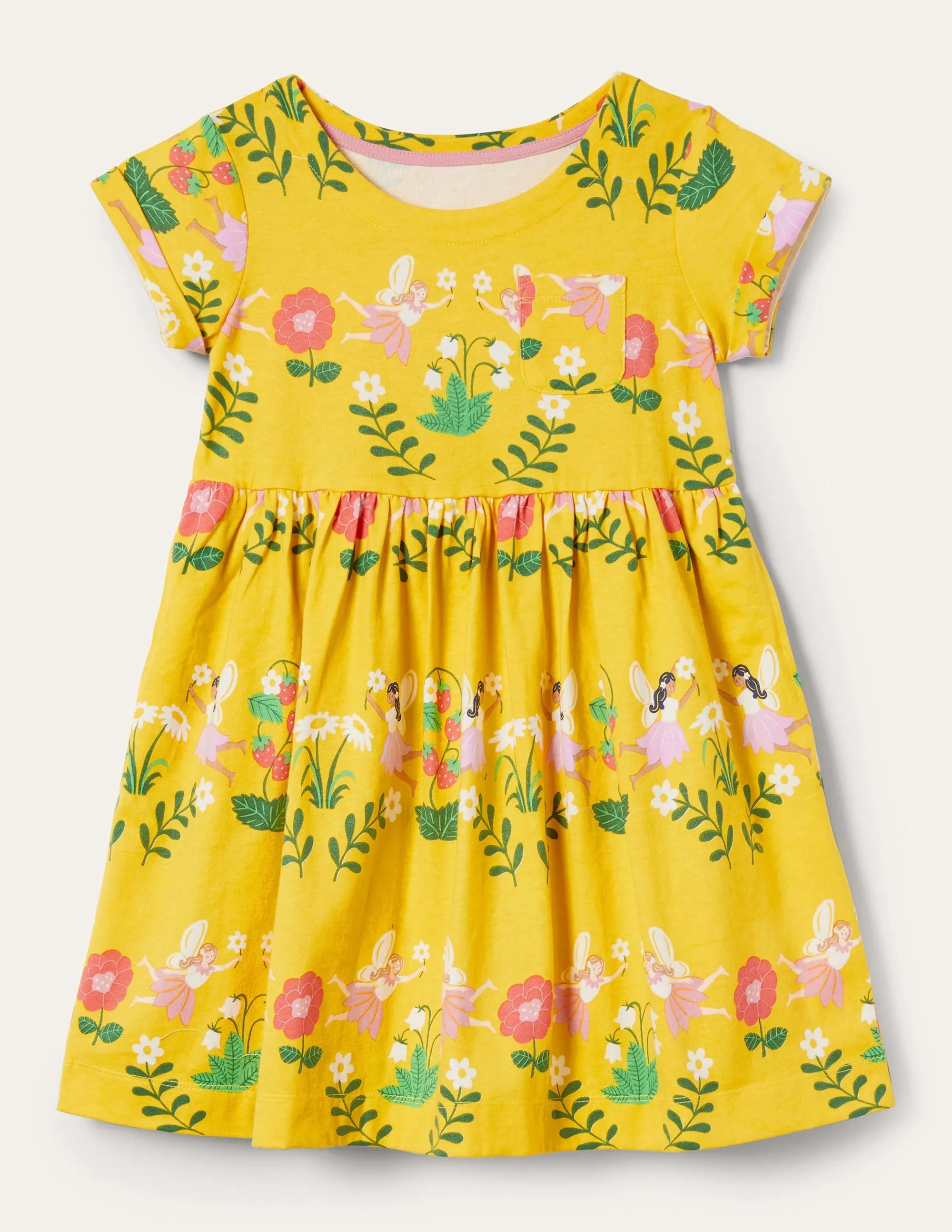 Short Sleeve Fun Jersey Dress-Sweetcorn Yellow Fairies