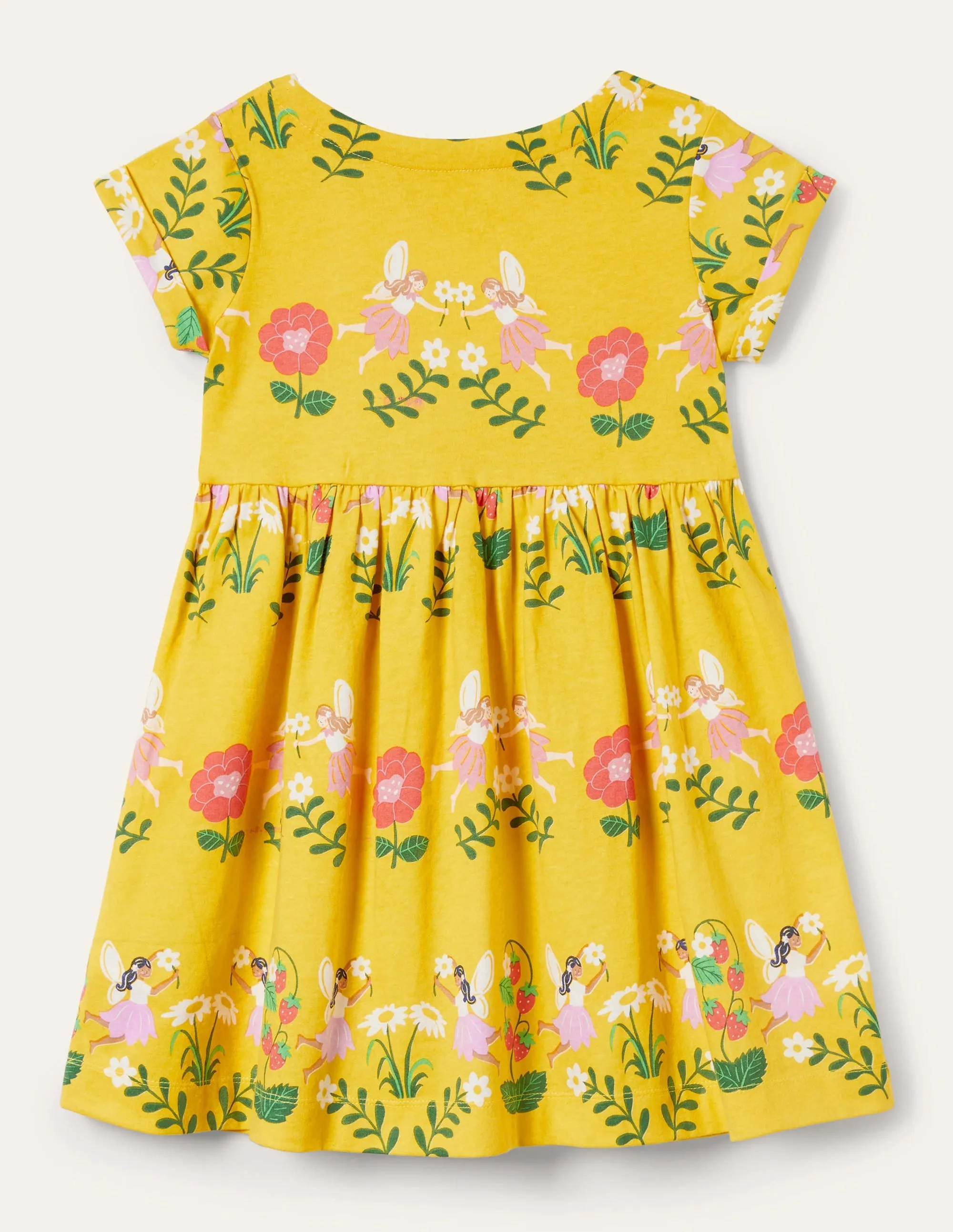 Short Sleeve Fun Jersey Dress-Sweetcorn Yellow Fairies