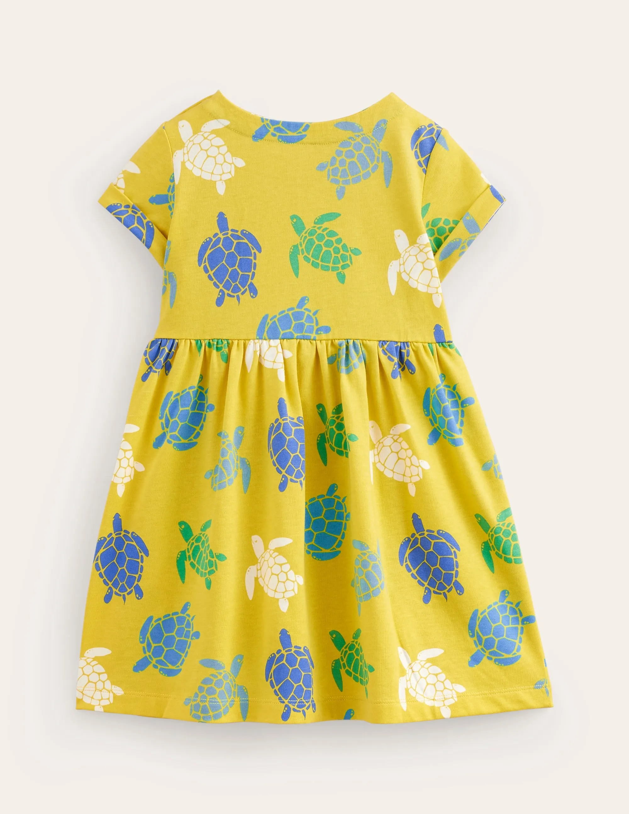 Short-sleeved Fun Jersey Dress-Zest Yellow Turtles