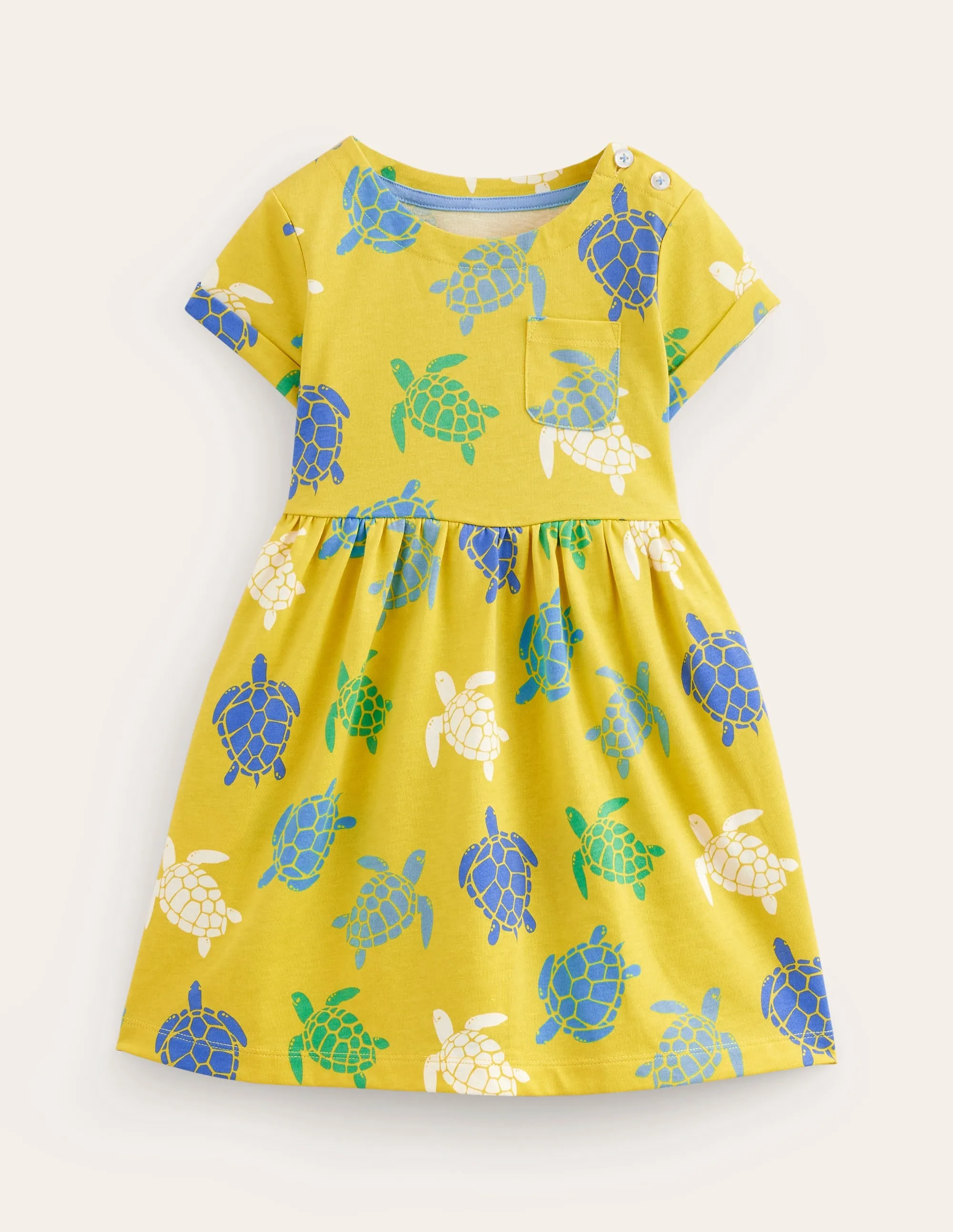 Short-sleeved Fun Jersey Dress-Zest Yellow Turtles