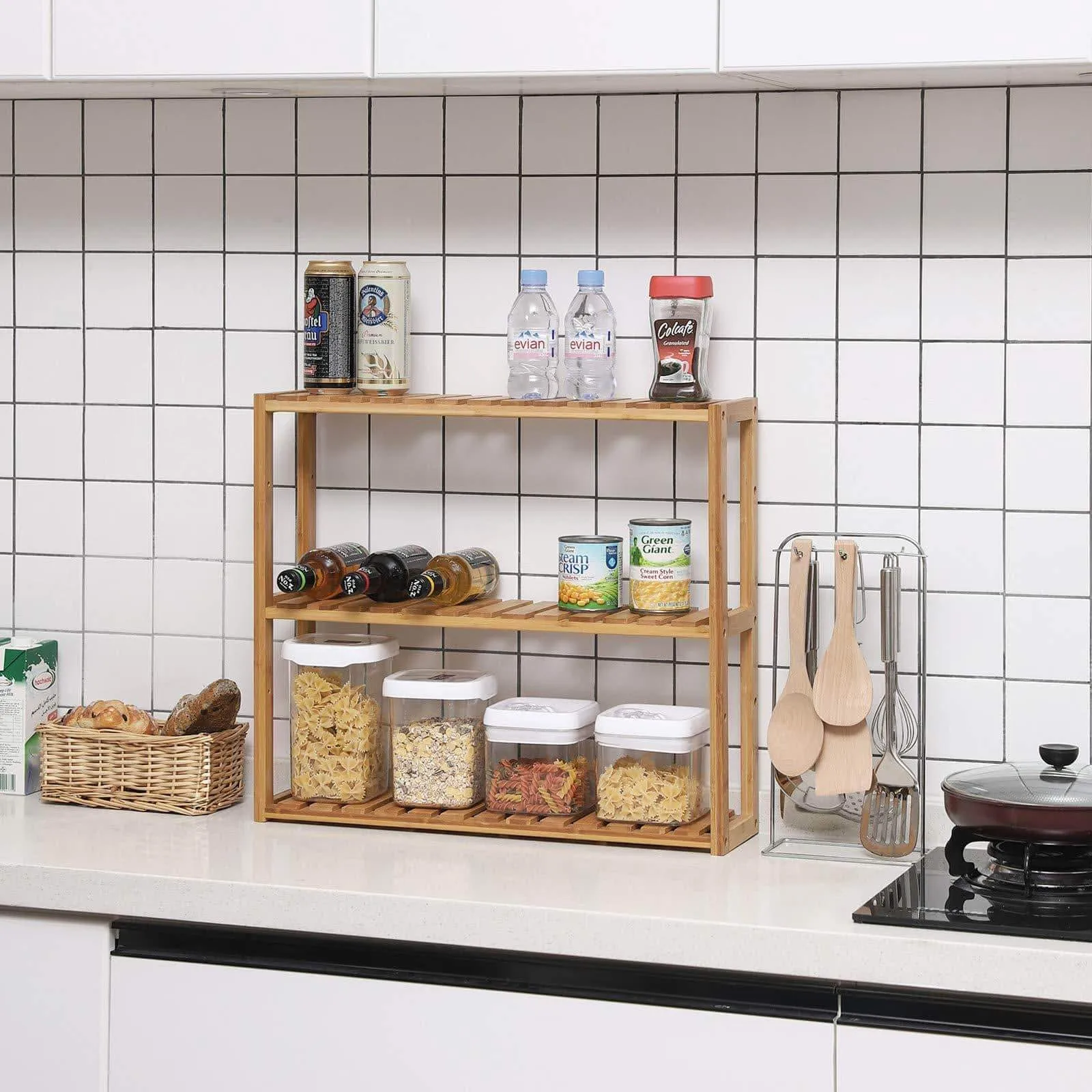 SONGMICS bamboo bathroom shelves, 3-Tier Adjustable Layer Rack, Bathroom Towel Shelf, Utility Storage Shelf Rack, Wall Mounted Organizer shelf, For Bathroom Kitchen Living Room Holder Natural UBCB13Y