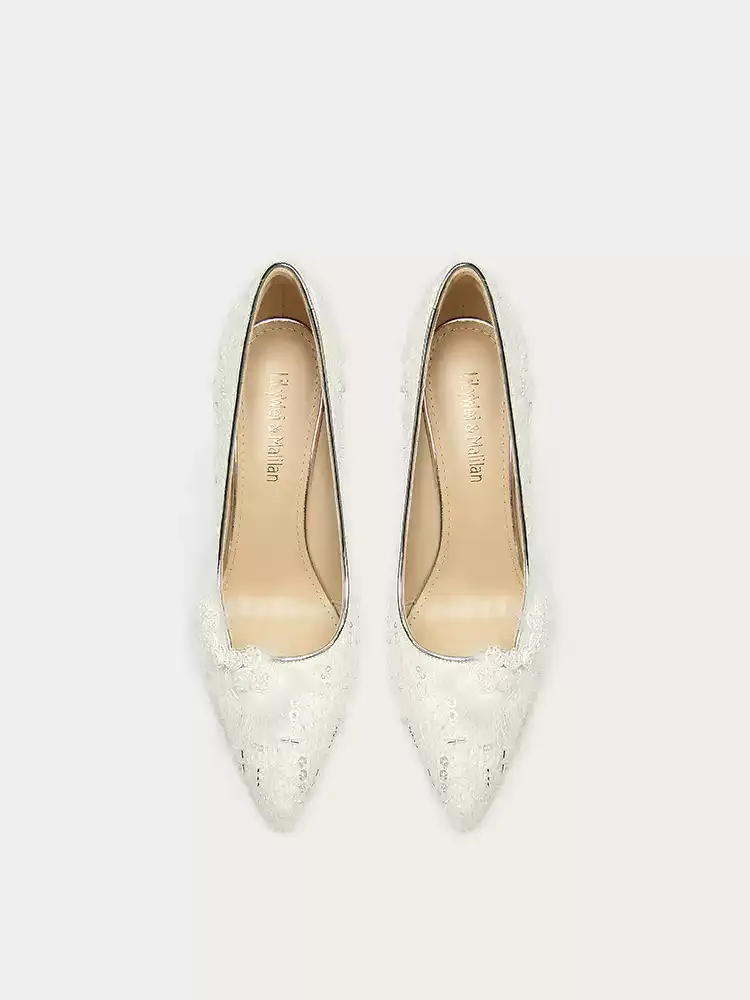 Vintage-Inspired Wthie Embroidered Pointed Toe High Heels for Bridal
