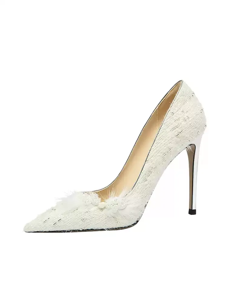 Vintage-Inspired Wthie Embroidered Pointed Toe High Heels for Bridal
