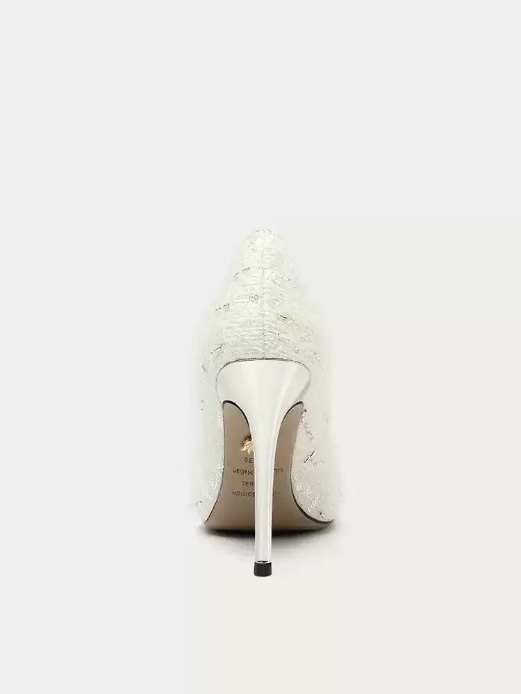 Vintage-Inspired Wthie Embroidered Pointed Toe High Heels for Bridal