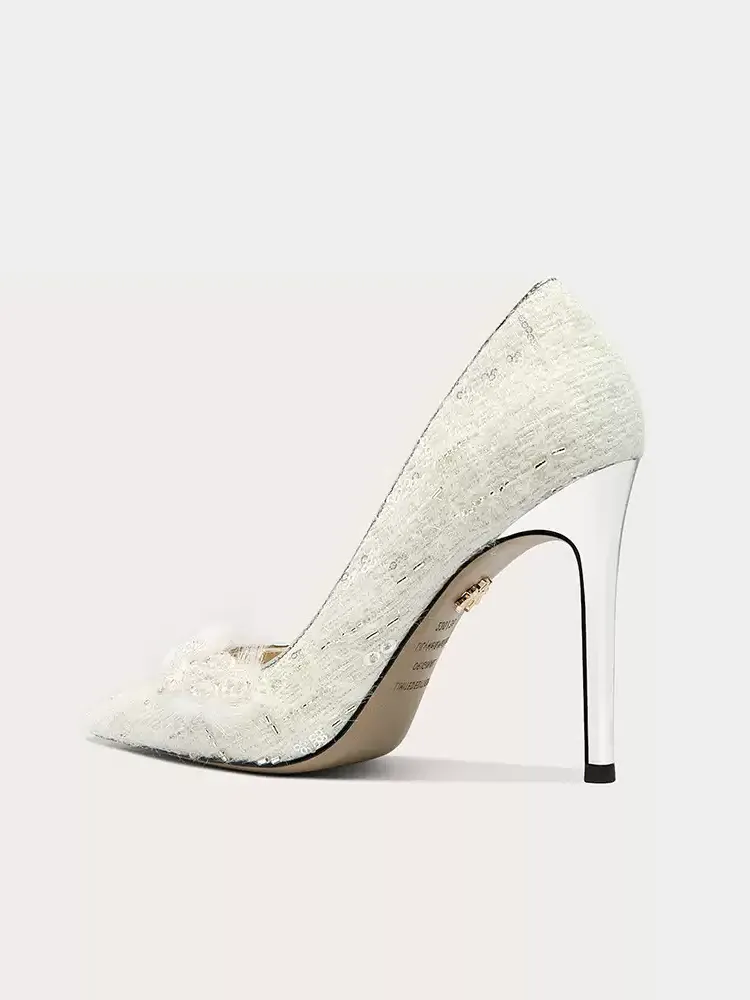 Vintage-Inspired Wthie Embroidered Pointed Toe High Heels for Bridal
