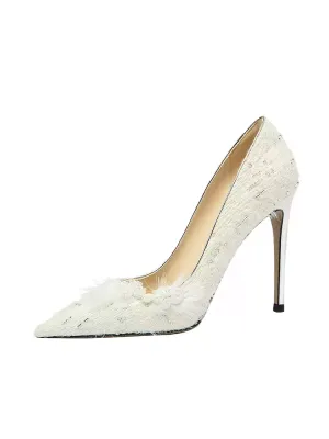 Vintage-Inspired Wthie Embroidered Pointed Toe High Heels for Bridal