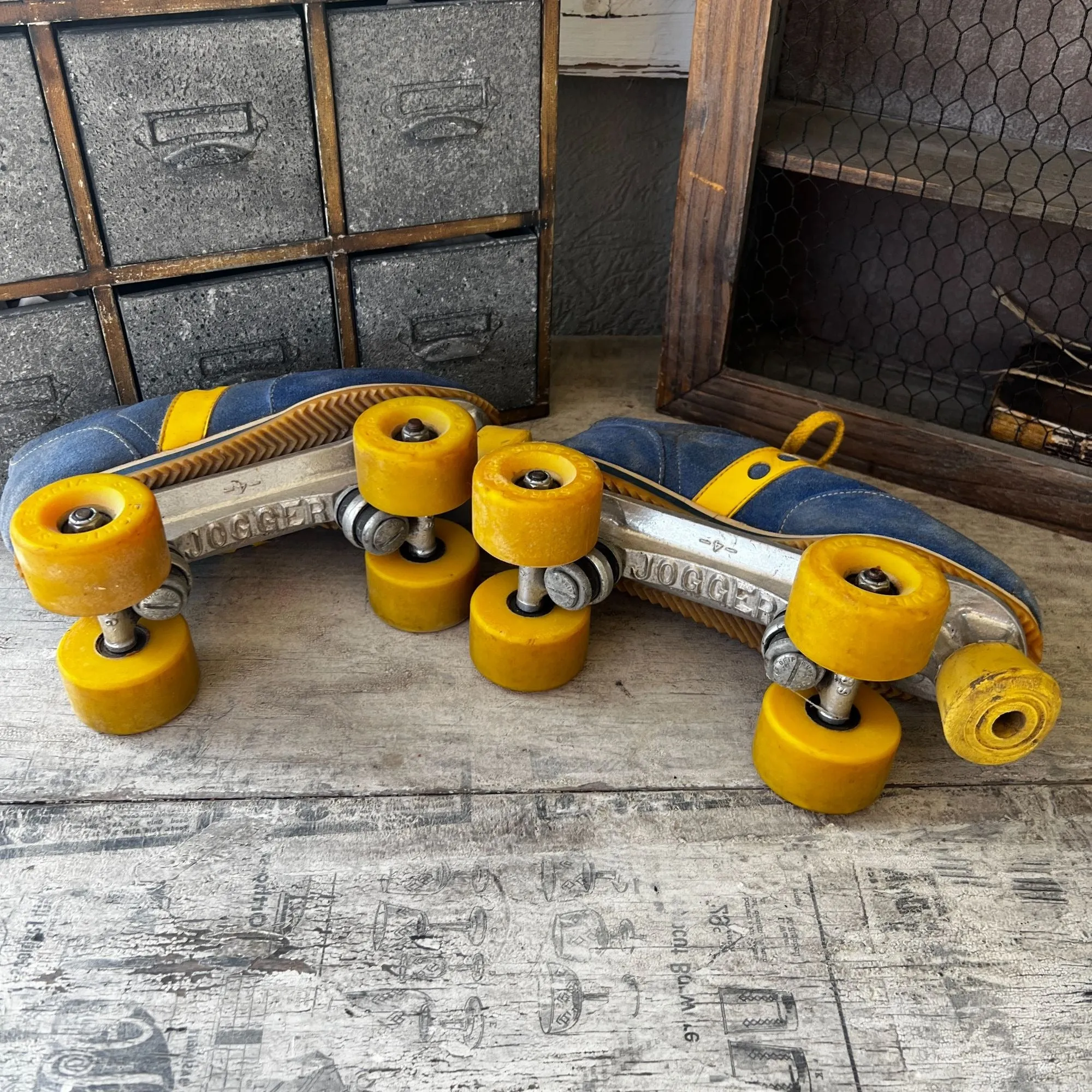 Vintage Spotbilt Jogger Roller Skates With Yellow Wheels & Blue & Yellow Suede Shoes