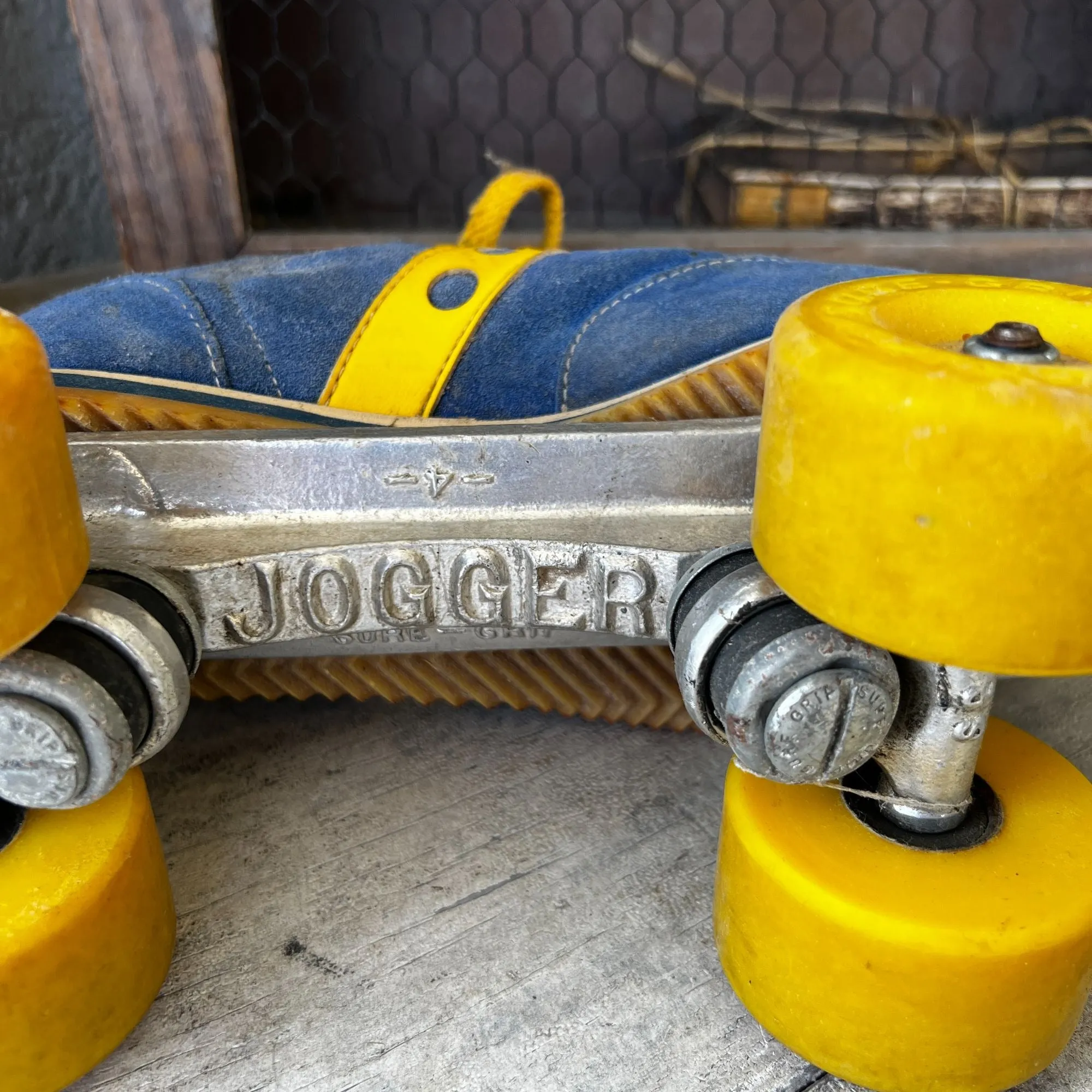 Vintage Spotbilt Jogger Roller Skates With Yellow Wheels & Blue & Yellow Suede Shoes