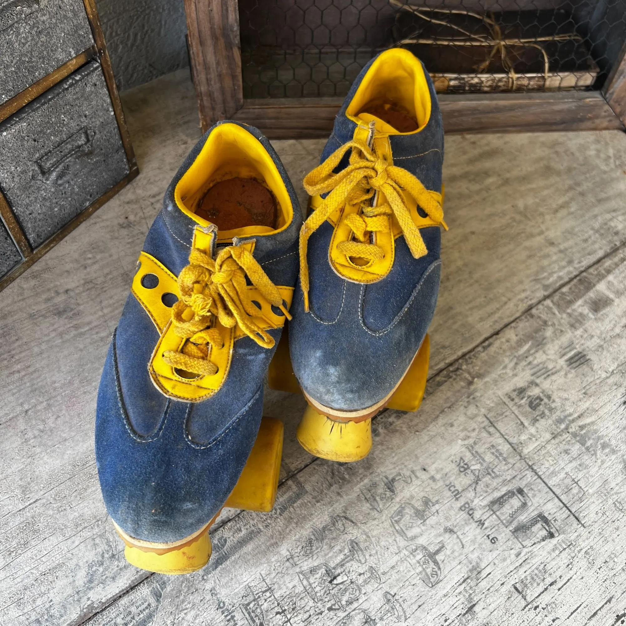 Vintage Spotbilt Jogger Roller Skates With Yellow Wheels & Blue & Yellow Suede Shoes
