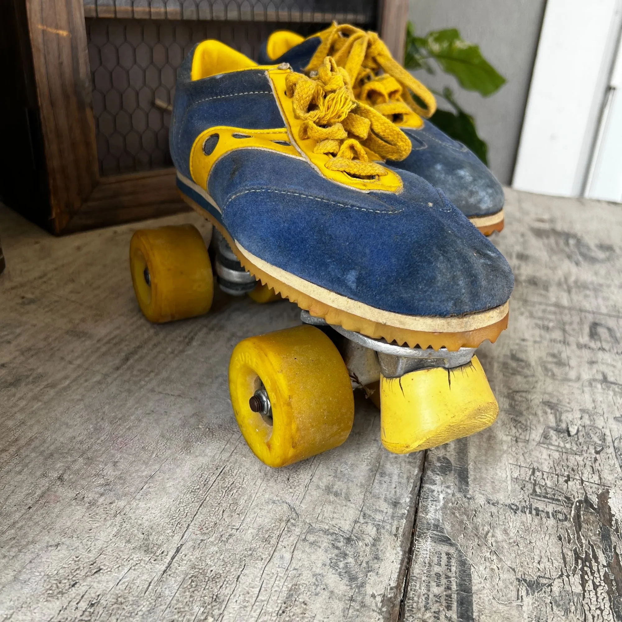 Vintage Spotbilt Jogger Roller Skates With Yellow Wheels & Blue & Yellow Suede Shoes