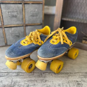 Vintage Spotbilt Jogger Roller Skates With Yellow Wheels & Blue & Yellow Suede Shoes