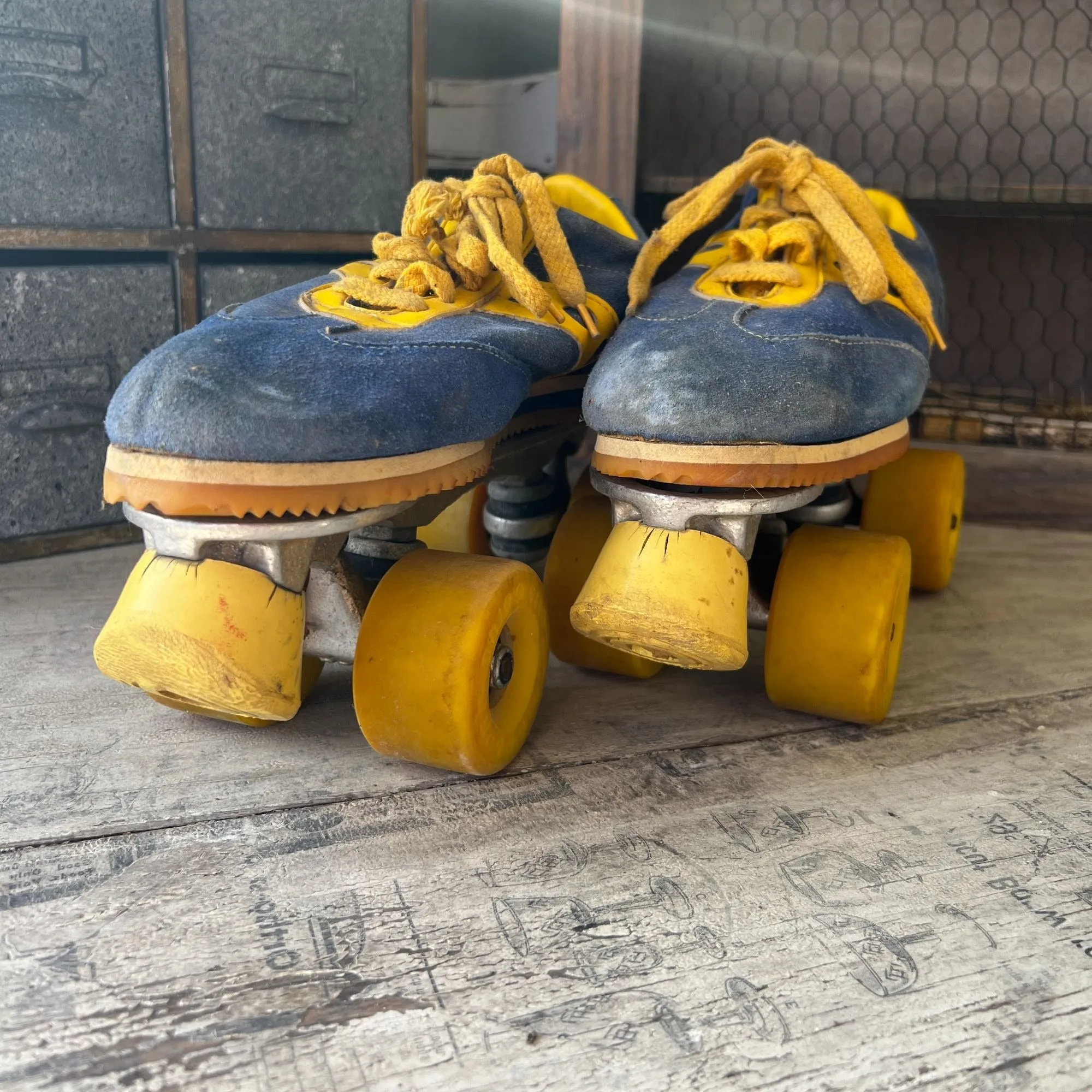 Vintage Spotbilt Jogger Roller Skates With Yellow Wheels & Blue & Yellow Suede Shoes