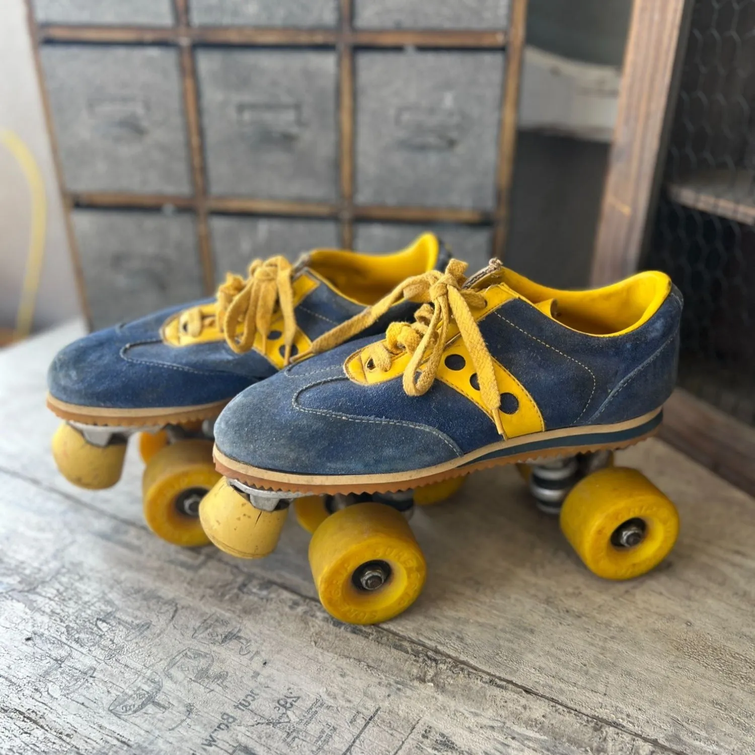 Vintage Spotbilt Jogger Roller Skates With Yellow Wheels & Blue & Yellow Suede Shoes