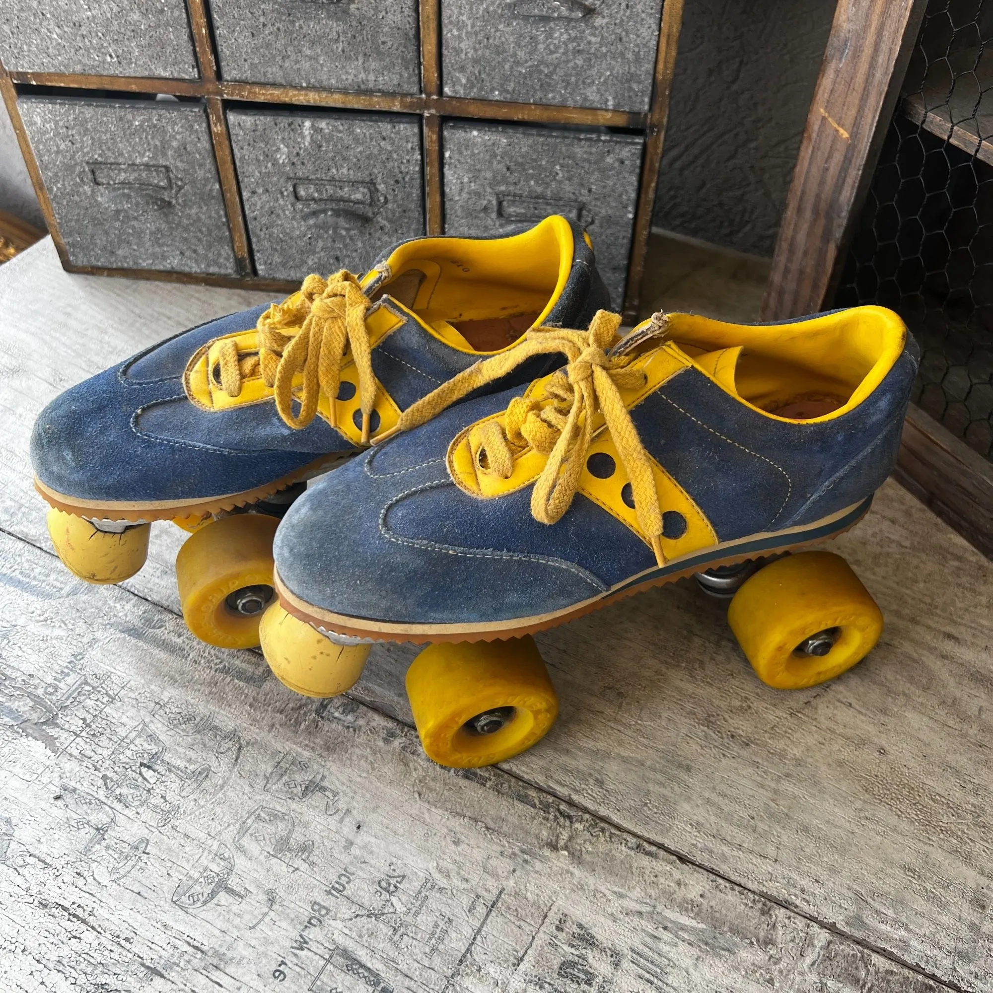 Vintage Spotbilt Jogger Roller Skates With Yellow Wheels & Blue & Yellow Suede Shoes