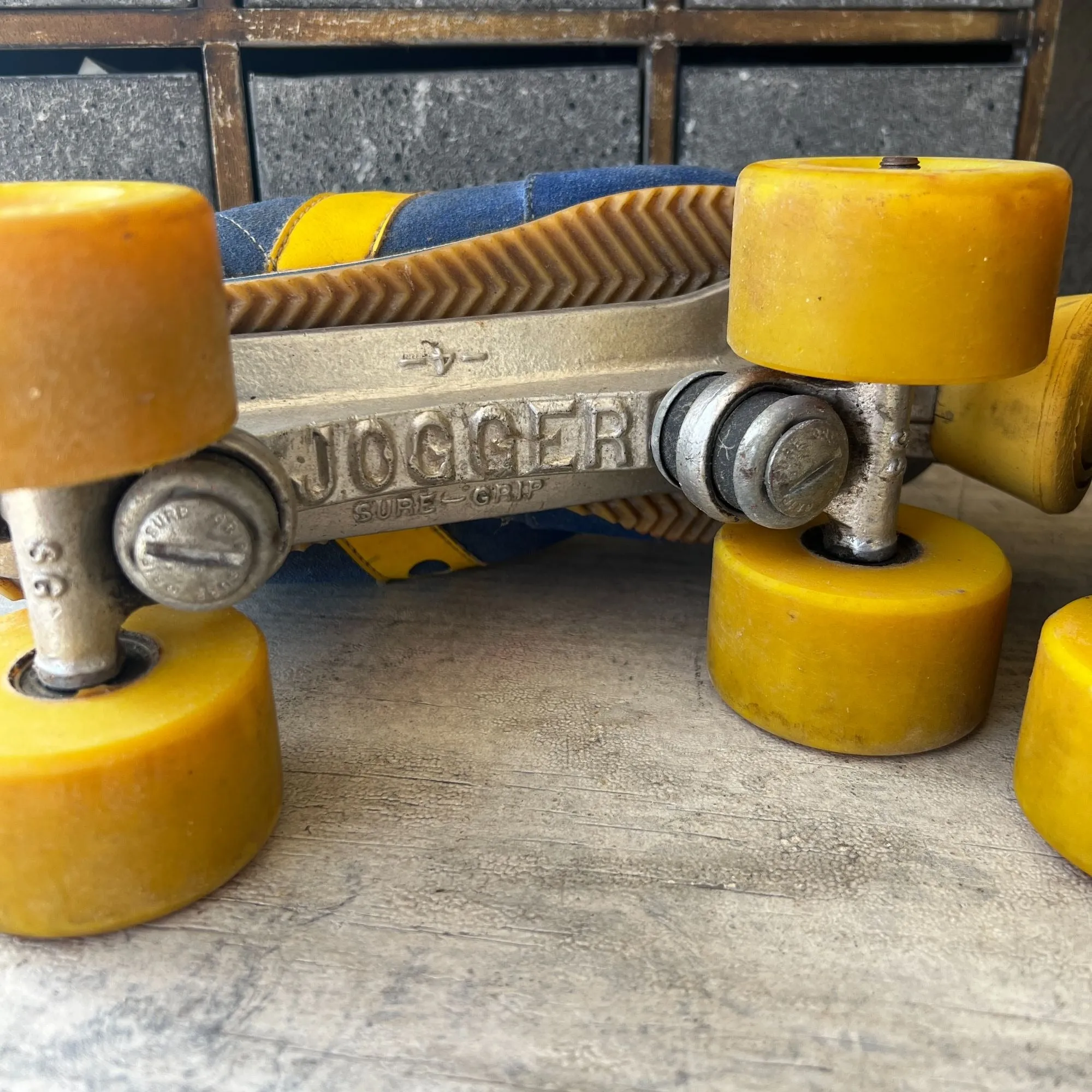 Vintage Spotbilt Jogger Roller Skates With Yellow Wheels & Blue & Yellow Suede Shoes