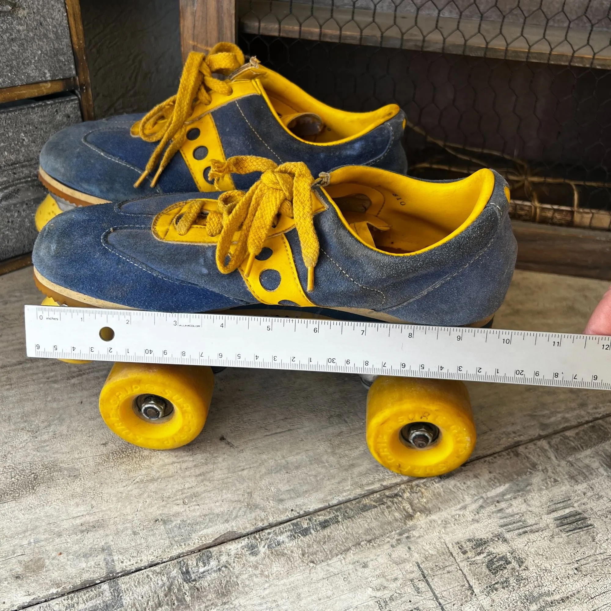 Vintage Spotbilt Jogger Roller Skates With Yellow Wheels & Blue & Yellow Suede Shoes