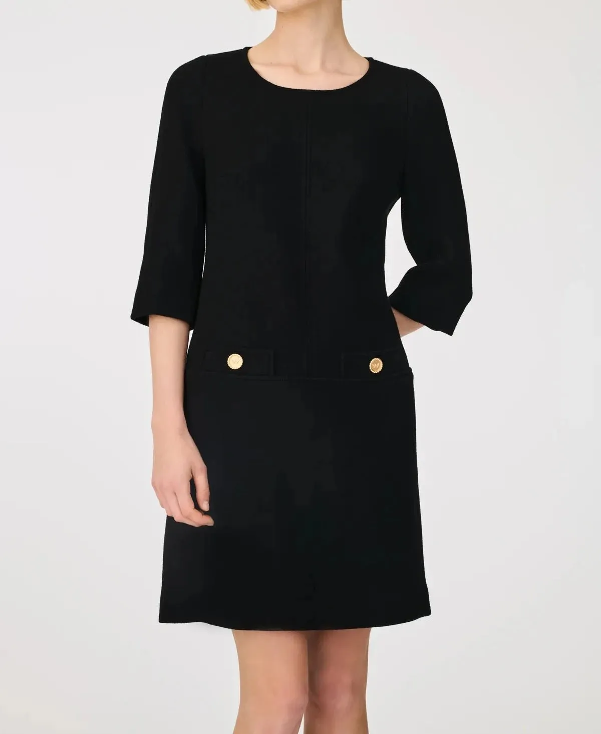 Weill Paris Wool Crepe Shift Dress with Gold Button Details