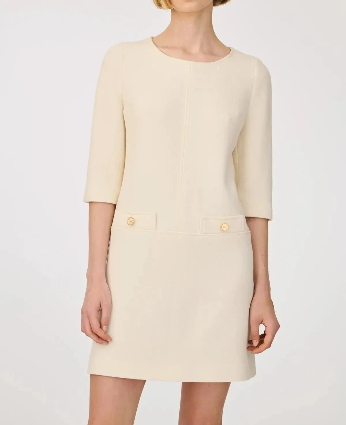 Weill Paris Wool Crepe Shift Dress with Gold Button Details