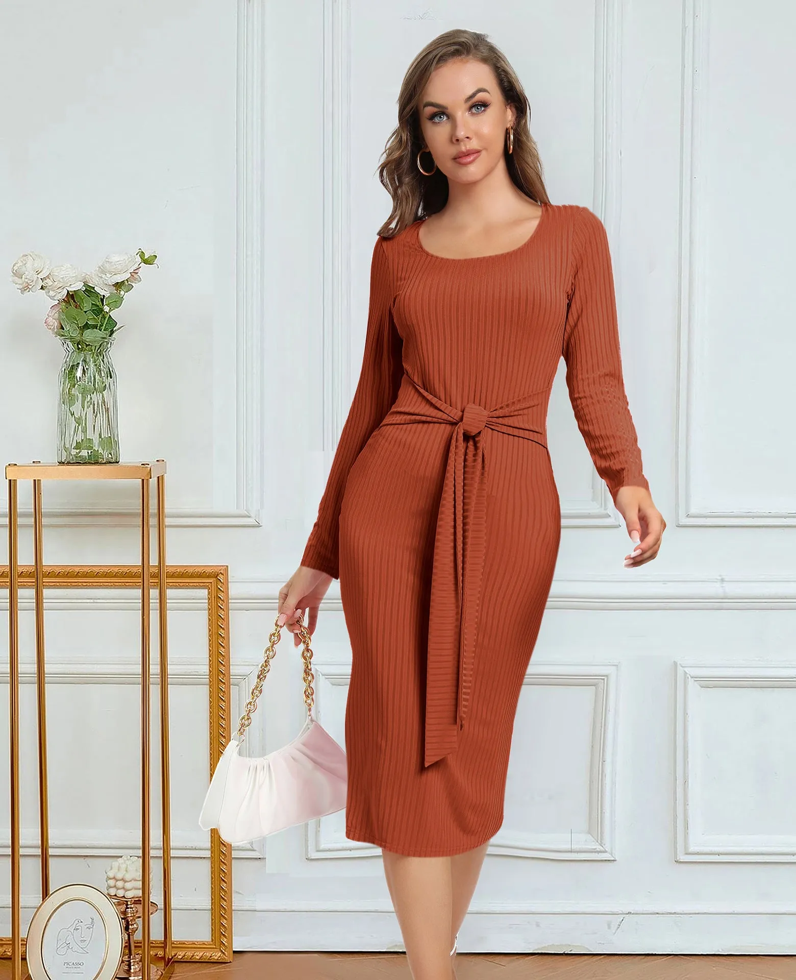 Women’s Long Sleeve Tie Midi Dress