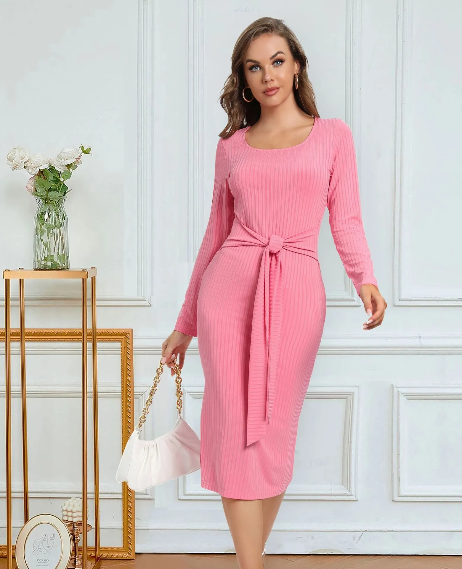 Women’s Long Sleeve Tie Midi Dress