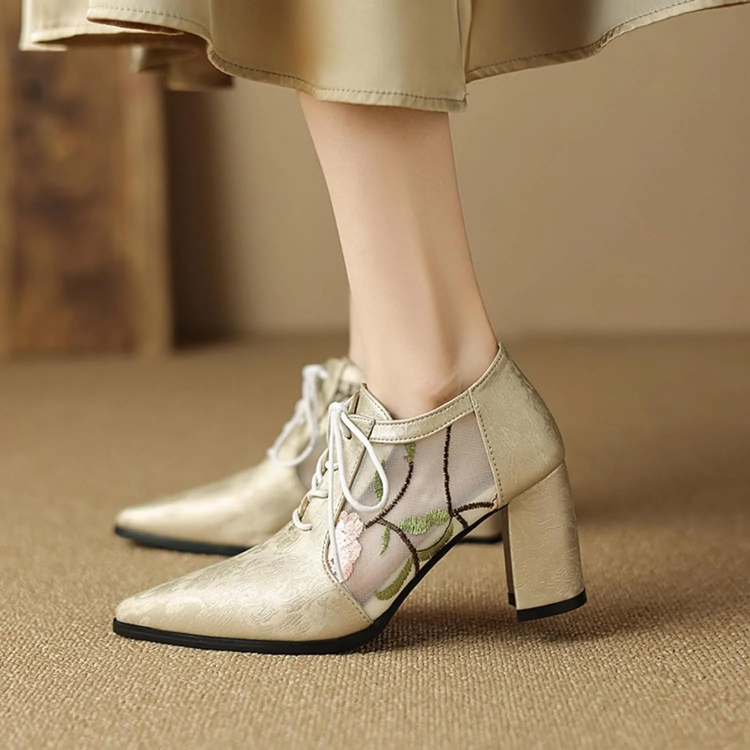 Women's Mesh Breathable Lace Oxfords Shoes Fashion Pointed Toe Chunky Heel Block Brogues Casual Evening Party Prom Dress Pumps
