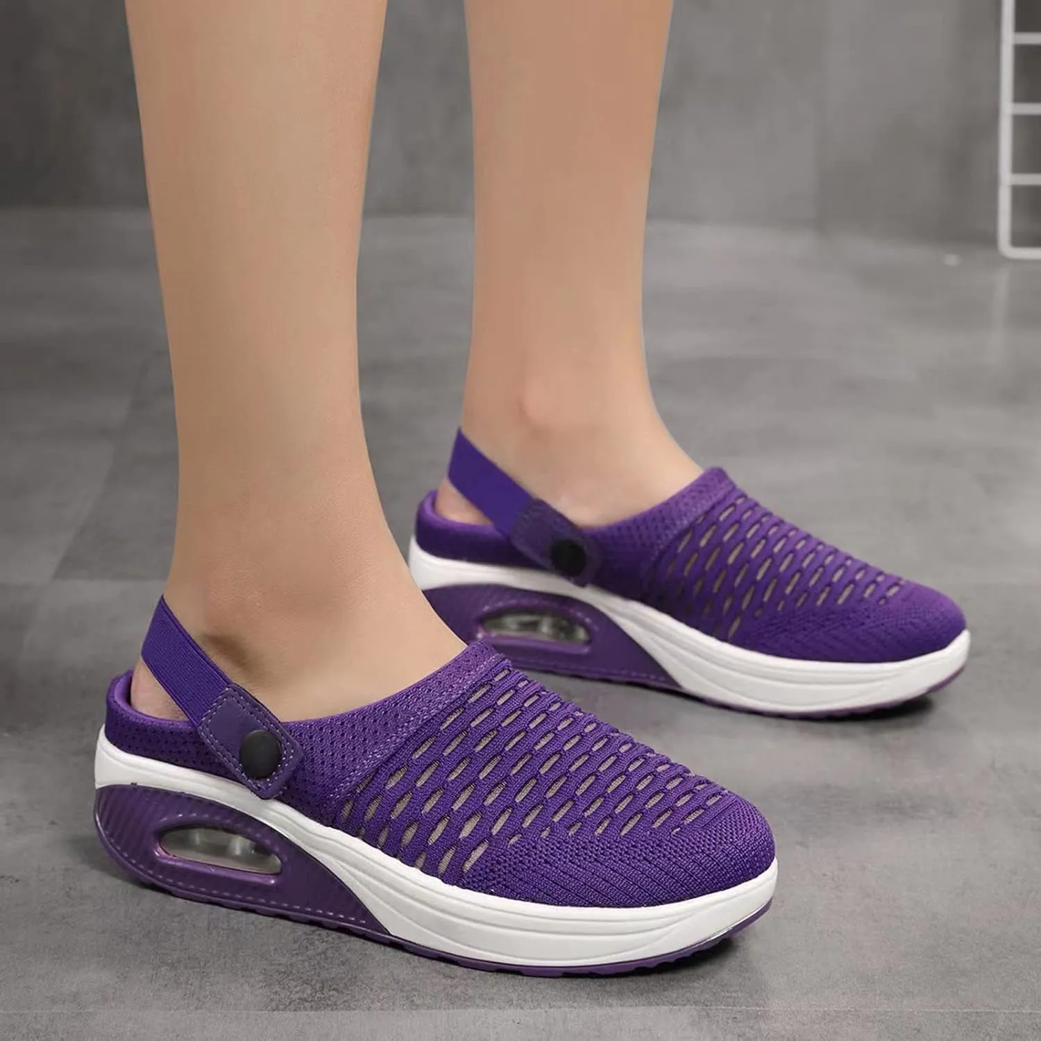 Women's Walking Shoes Summer Breathable Mesh Hollow Out Closed Toe Open Back Orthotic Sandals Casual Lightweight Air Cushion Slip-On Orthopedic Wedge Sandals