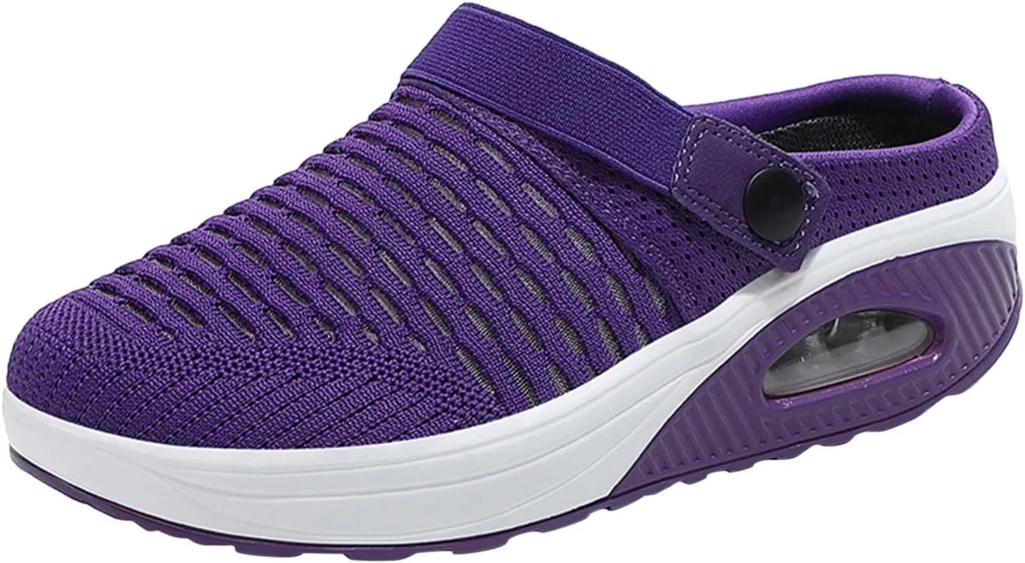 Women's Walking Shoes Summer Breathable Mesh Hollow Out Closed Toe Open Back Orthotic Sandals Casual Lightweight Air Cushion Slip-On Orthopedic Wedge Sandals
