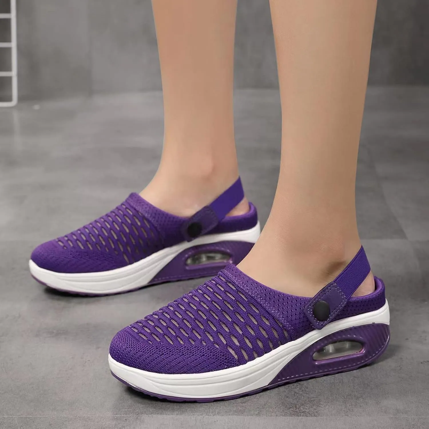 Women's Walking Shoes Summer Breathable Mesh Hollow Out Closed Toe Open Back Orthotic Sandals Casual Lightweight Air Cushion Slip-On Orthopedic Wedge Sandals